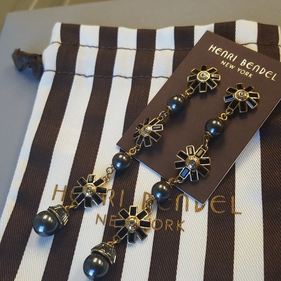 RARE Henri Bendel Black PEARL Cocktail Dangle Drop Earrings Yellow GOLD Swarovsk - Picture 4 of 10
